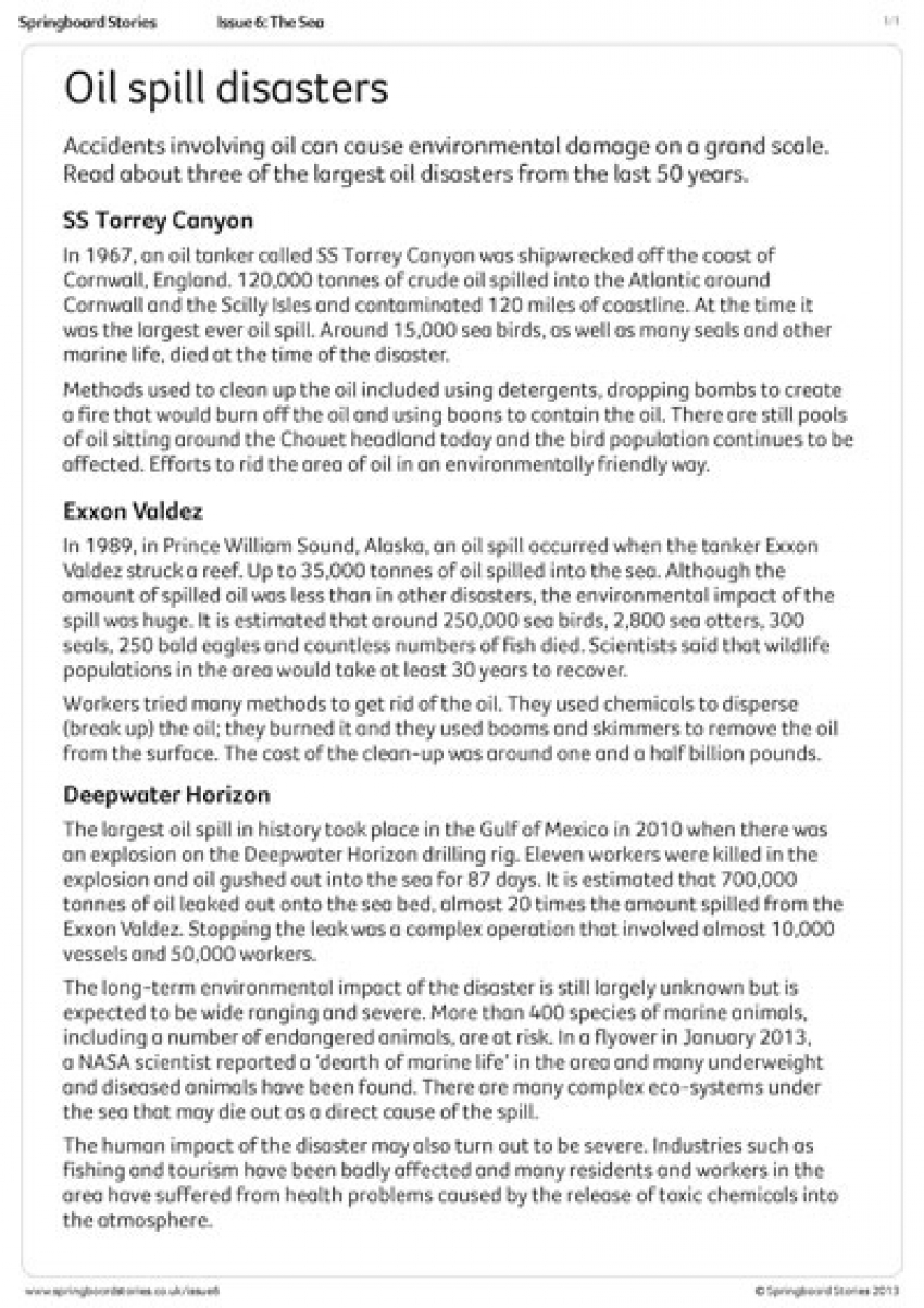 Oil spill disaster resource sheet