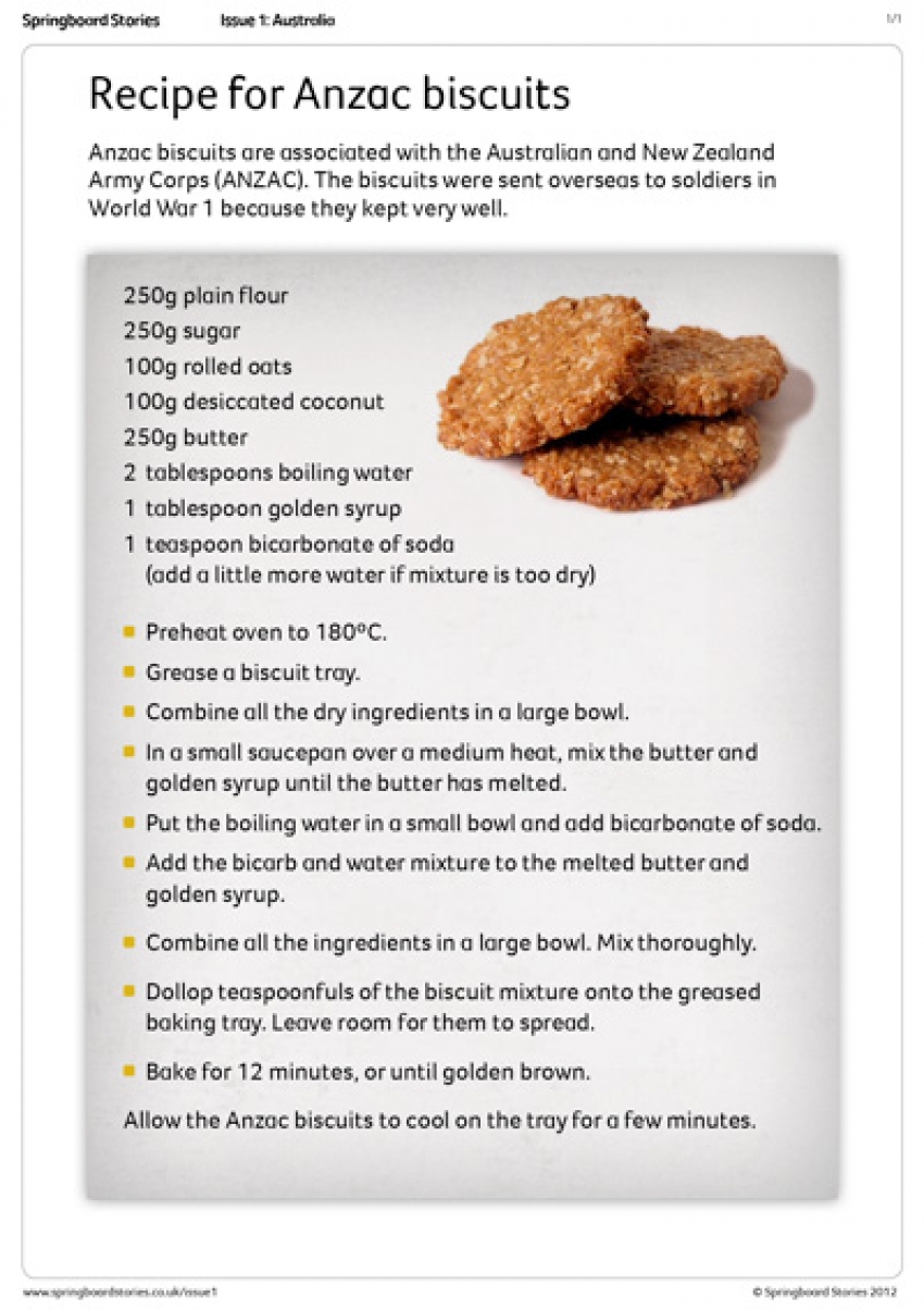 Anzac biscuit recipe primary resource &ndash; Australia topic